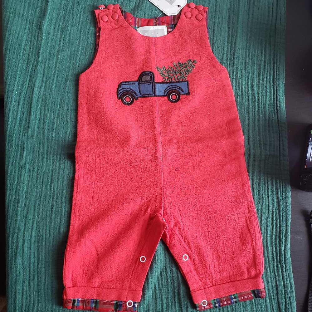 Lil Cactus Baby Boys Red Christmas Tree Truck Smocked Overalls - Size 3-6M - NWT